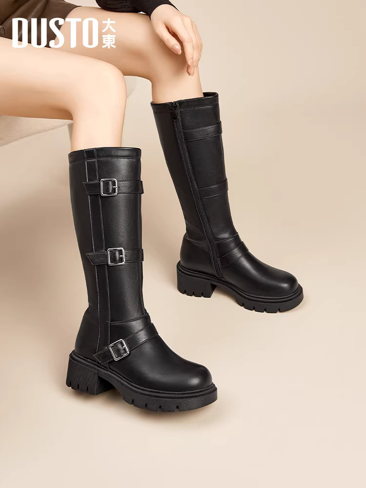 Giày cao cổ Dadong dành cho nữ, mẫu mới thu đông 2025, màu đen, kiểu cao bồi miền Tây, đế dày, cổ cao.