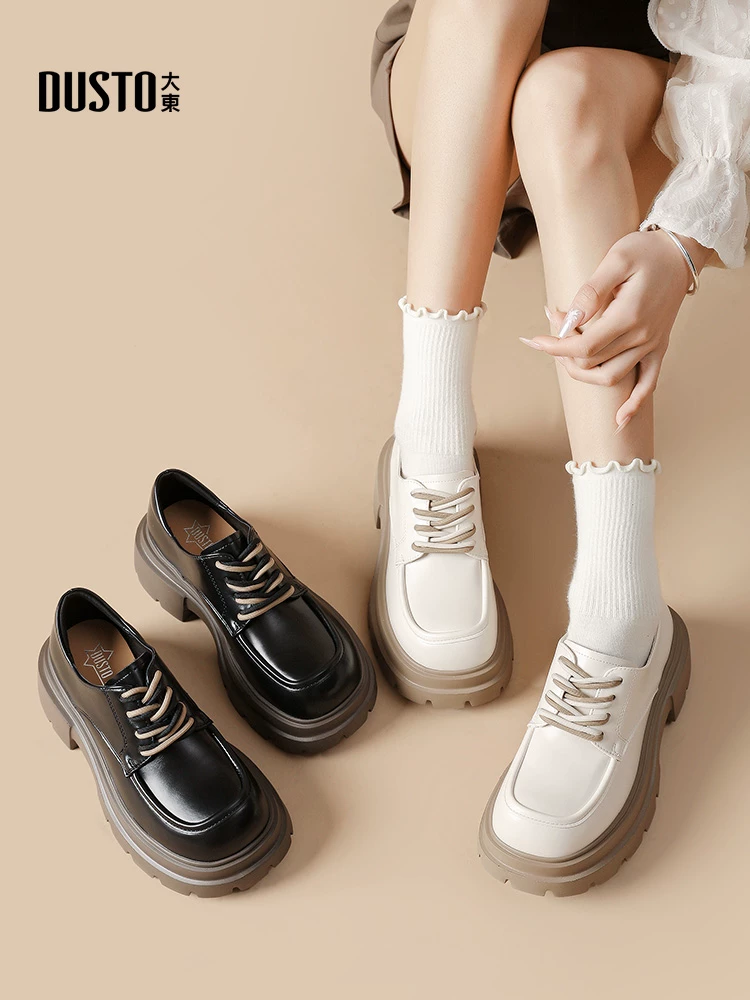 Giày Loafer đen Dadong nữ 2025 kiểu Anh mới thu đông, mũi tròn, đa năng, đế dày, gót thấp, chất liệu da nhỏ gọn.