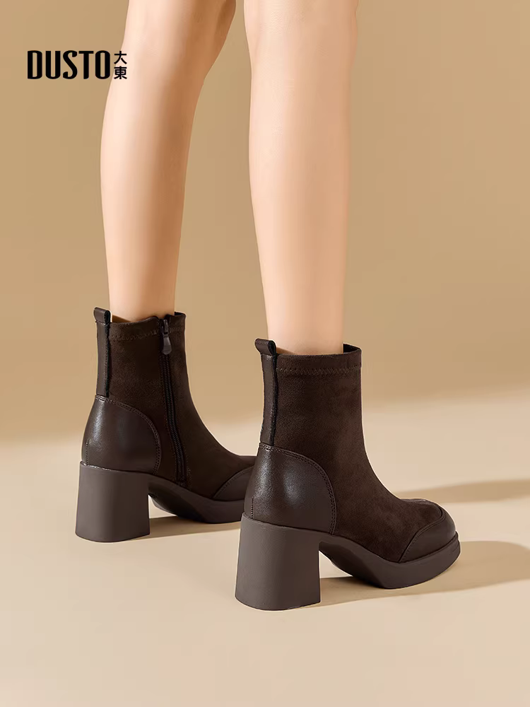 Giày bốt cổ ngắn đế thô Dadong dành cho nữ 2025, mẫu mới thu đông, giày cao gót, giày Melard, giày nữ ôm sát co giãn