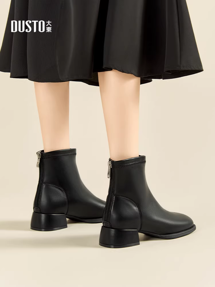 Giày bốt ngắn Dadong Slim dành cho nữ 2025 Mẫu mới Thu Đông Giày cao gót đen Gót thô Giày Chelsea nữ