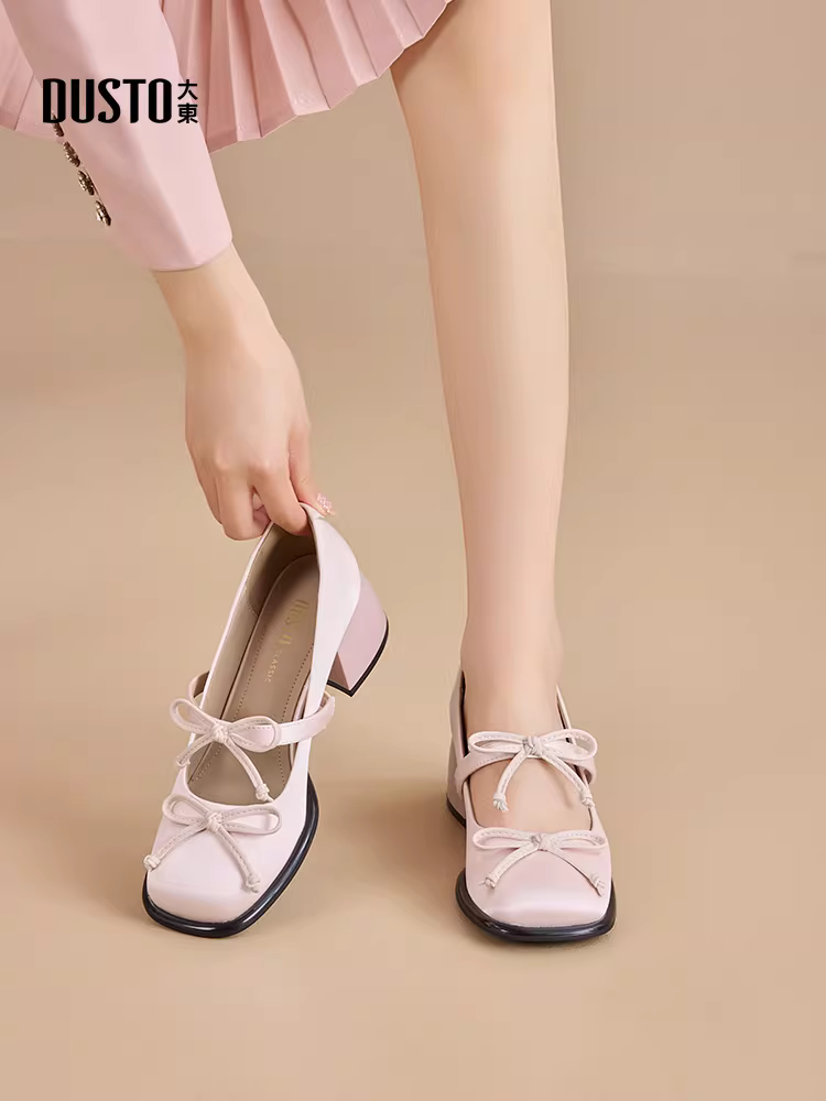 Giày nữ Dada Dongfang 2025 kiểu mới mùa thu, thiết kế nơ phối chân váy, gót cao chunky, giày Mary Jane kiểu Pháp