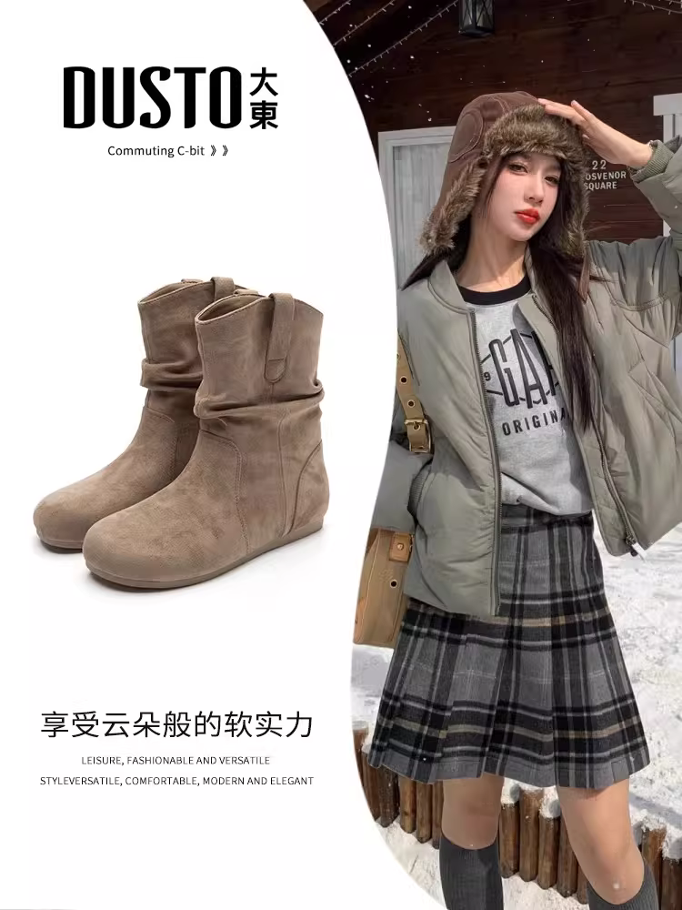 Giày bốt ngắn kiểu Birkenstock Dadong retro dành cho nữ, mẫu mới thu đông 2025, màu nâu, lót lông cừu, đế bằng, kiểu xếp ly, chất liệu da lộn, kiểu dáng lười.