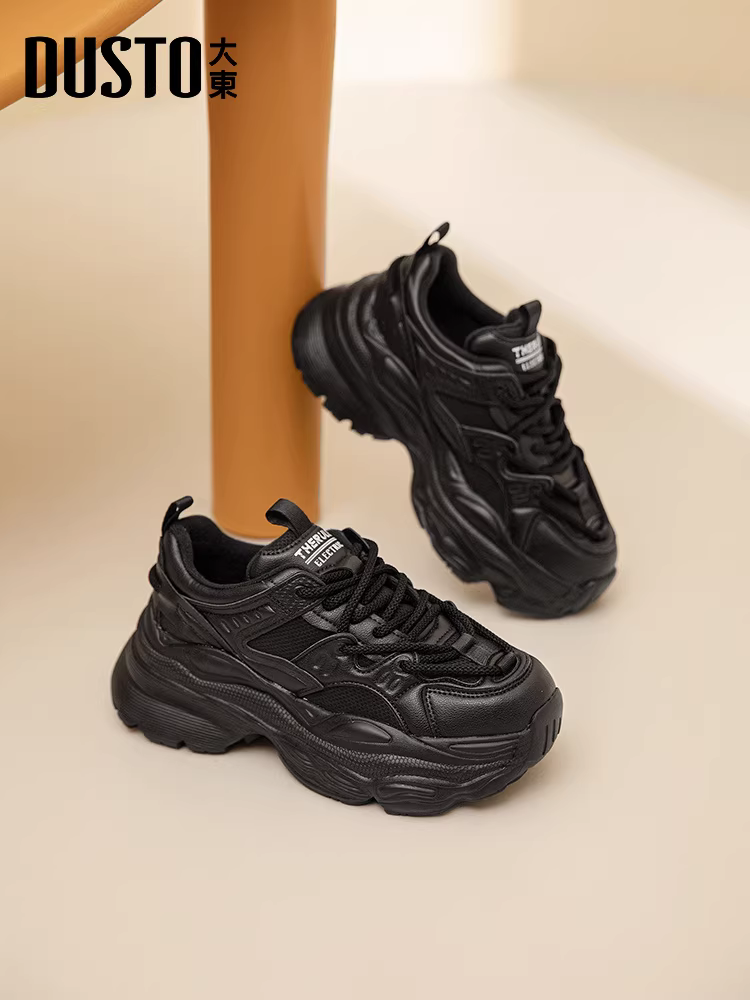 Giày thể thao đế dày nữ 2025 kiểu mới thu đông màu đen tăng chiều cao, giày thể thao thường ngày