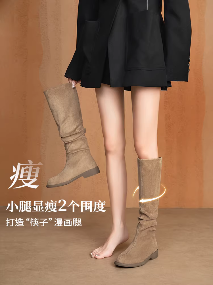 Giày bốt da lộn dài Dadong dành cho nữ, mẫu mới thu đông 2025, kiểu dáng phương Tây, bốt cao cổ, bốt đi xe cao cổ.