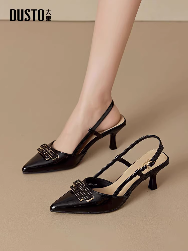 Giày cao gót mũi nhọn màu đen mùa hè Dadong dành cho nữ, gót nhọn, giày nữ mùa hè mới 2025, dép kín mũi tuyệt đẹp.