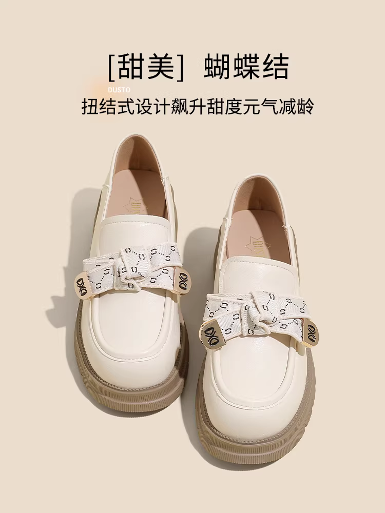 Giày lười đế dày gót thô Dadong dành cho nữ 2025, mẫu mới thu đông, kiểu nơ, giày nữ phong cách Pháp Hepburn, giày da nhỏ kiểu JK