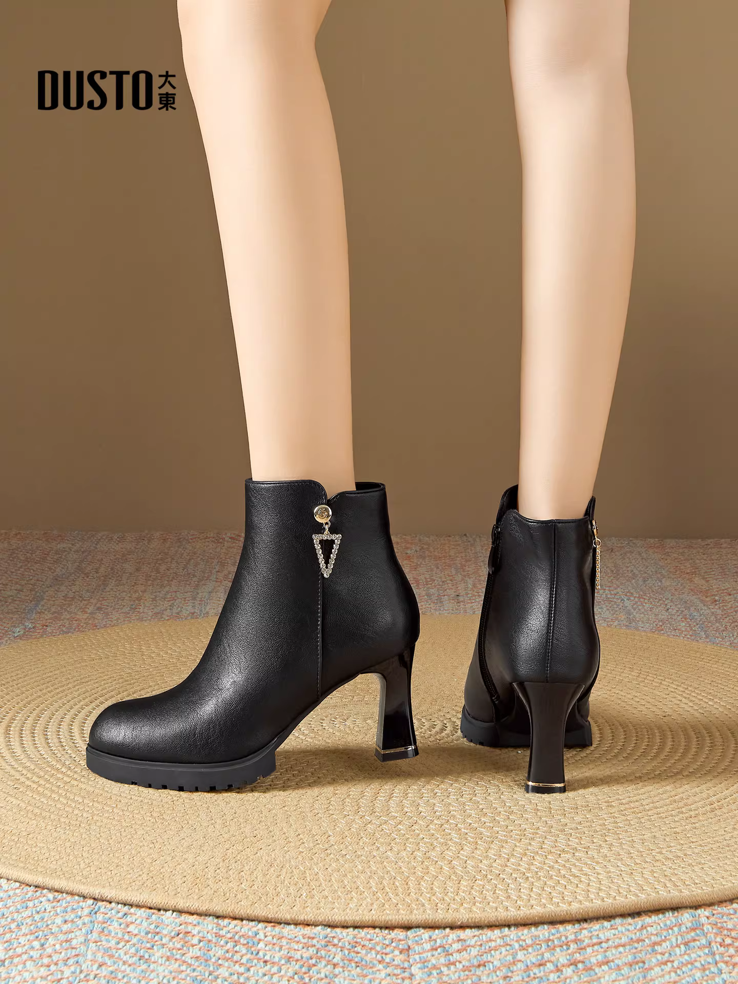 Giày bốt cổ ngắn cao gót Dadong dành cho nữ 2025 mới mùa thu đông Giày đế dày đế dày chống thấm nước có lót lông Giày bốt nữ Chelsea Giày bốt thời trang