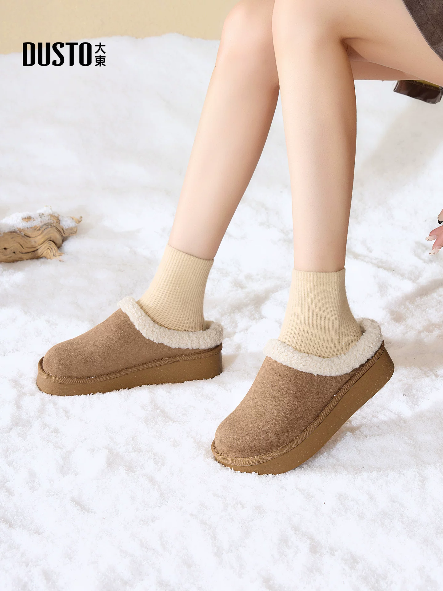 Giày dép nửa kín mũi, đế dày, lót lông dành cho nữ của Dadong, mẫu mới thu đông 2025, lót lông cừu giữ ấm, kiểu giày Birkenstock.