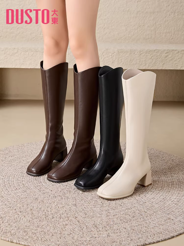 Giày bốt cao gót dài Dadong dành cho nữ, kiểu mới thu đông 2025, bốt cao cổ đi xe, bốt trắng nữ, bốt dài kiểu Pháp cổ chữ V.