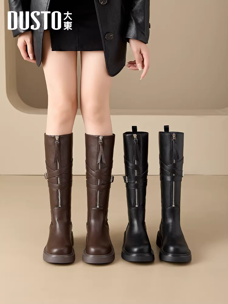 Giày bốt cao cổ đế dày Dadong dành cho nữ 2025, mẫu mới thu đông, màu đen, kiểu cổ điển, phong cách hiệp sĩ, rất thời trang