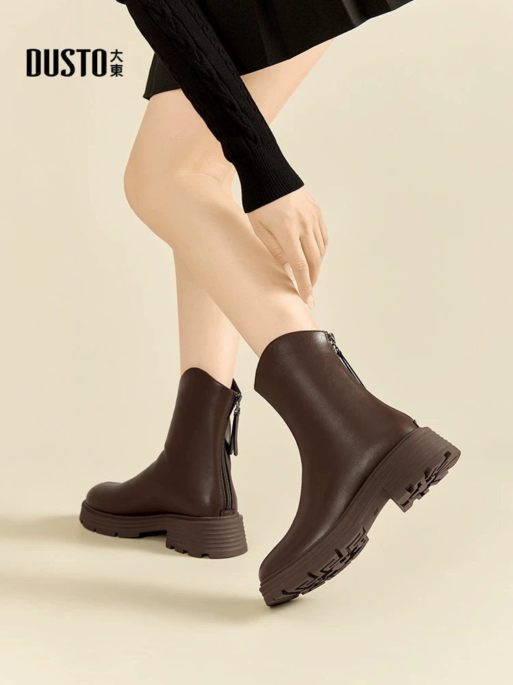 Giày bốt cổ ngắn đế dày nữ, kiểu mới thu đông 2025, lót lông cừu, kiểu Chelsea, phong cách Pháp, kiểu ôm sát.