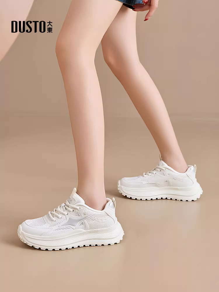 Giày thể thao đế dày Dadong dành cho nữ 2025, mẫu mới thu đông, giày lưới thoáng khí, đa năng, màu trắng.