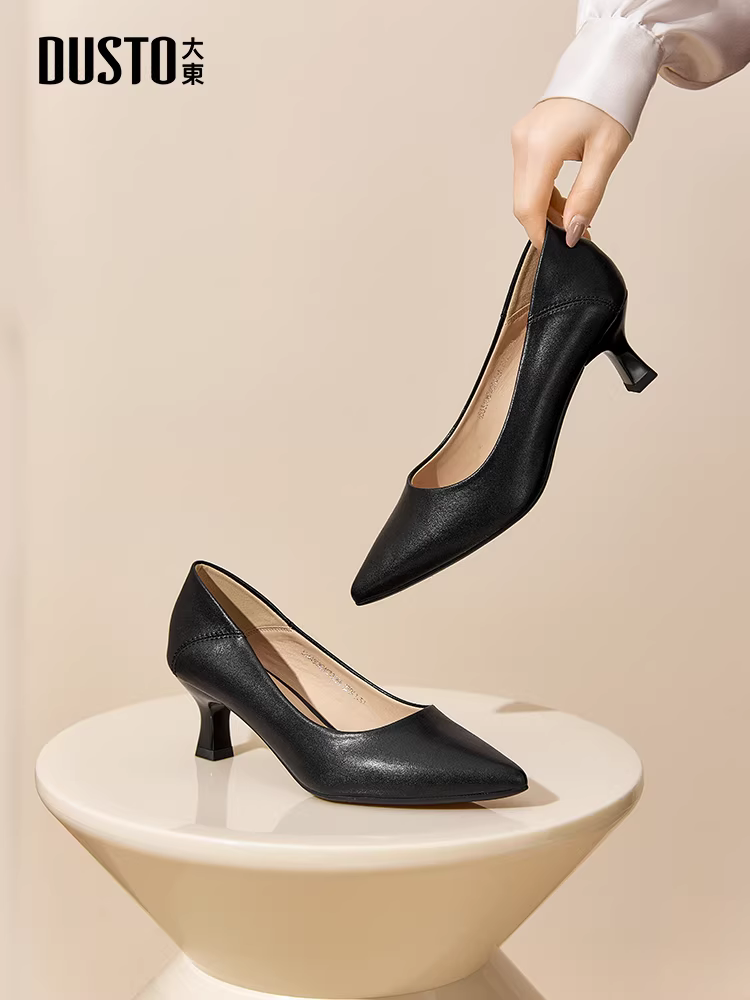 Giày cao gót mũi nhọn màu đen thanh lịch Dadong dành cho nữ, kiểu mới mùa thu 2025, thích hợp phối cùng váy, giày đế thấp, giày công sở.