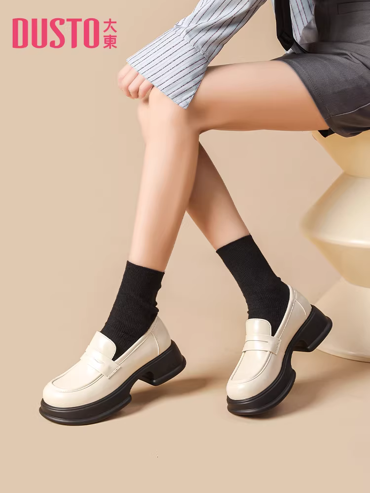 Giày lười trắng Dadong dành cho nữ 2025, mẫu mới thu đông, đế dày tăng chiều cao, kiểu Pháp Hepburn, mũi tròn, giày da nhỏ nhắn