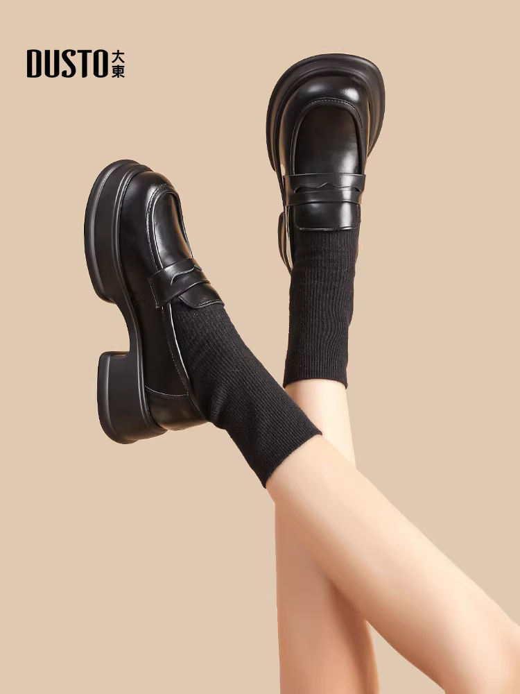 Giày lười đế bằng Dadong dành cho nữ 2025, kiểu mới thu đông, màu đen, tăng chiều cao, phong cách Anh, giày da nhỏ gọn, giày bệt đi làm