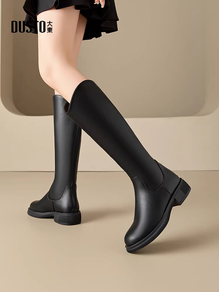 Giày bốt đen Dadong nữ 2025 kiểu mới hot, bốt cao cổ đi xe, bốt ôm dáng co giãn, bốt nữ cổ V dài