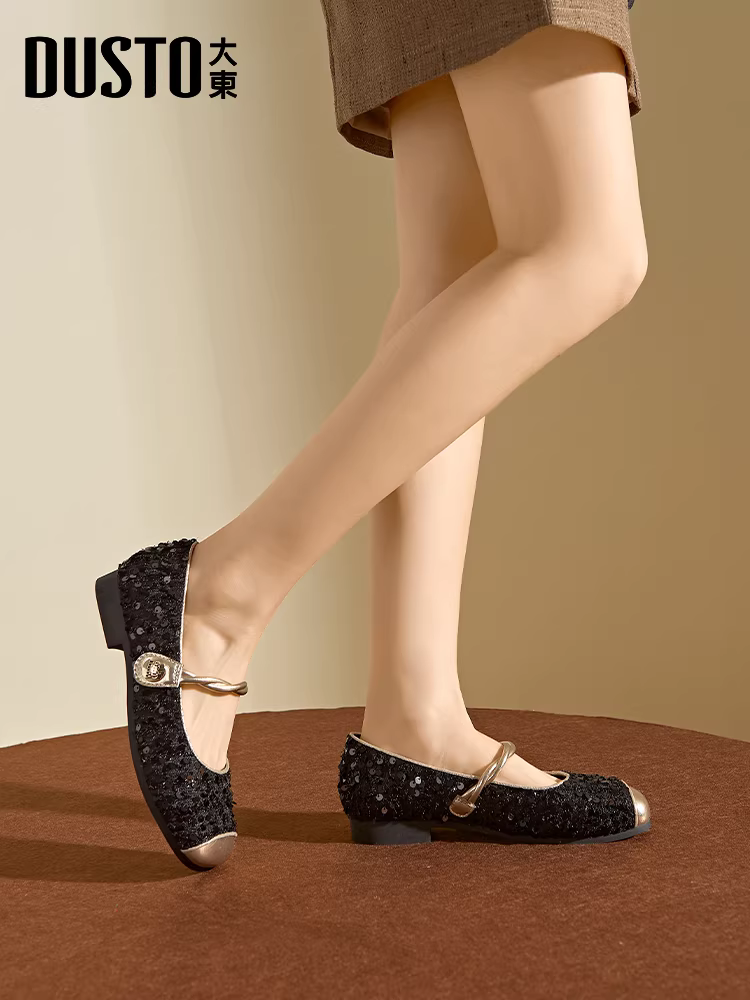 Giày nữ Dadong Mary Jane 2025 kiểu thu mới, phong cách Chanel, đính sequin, kiểu Pháp, phối đồ, giày bệt dự tiệc