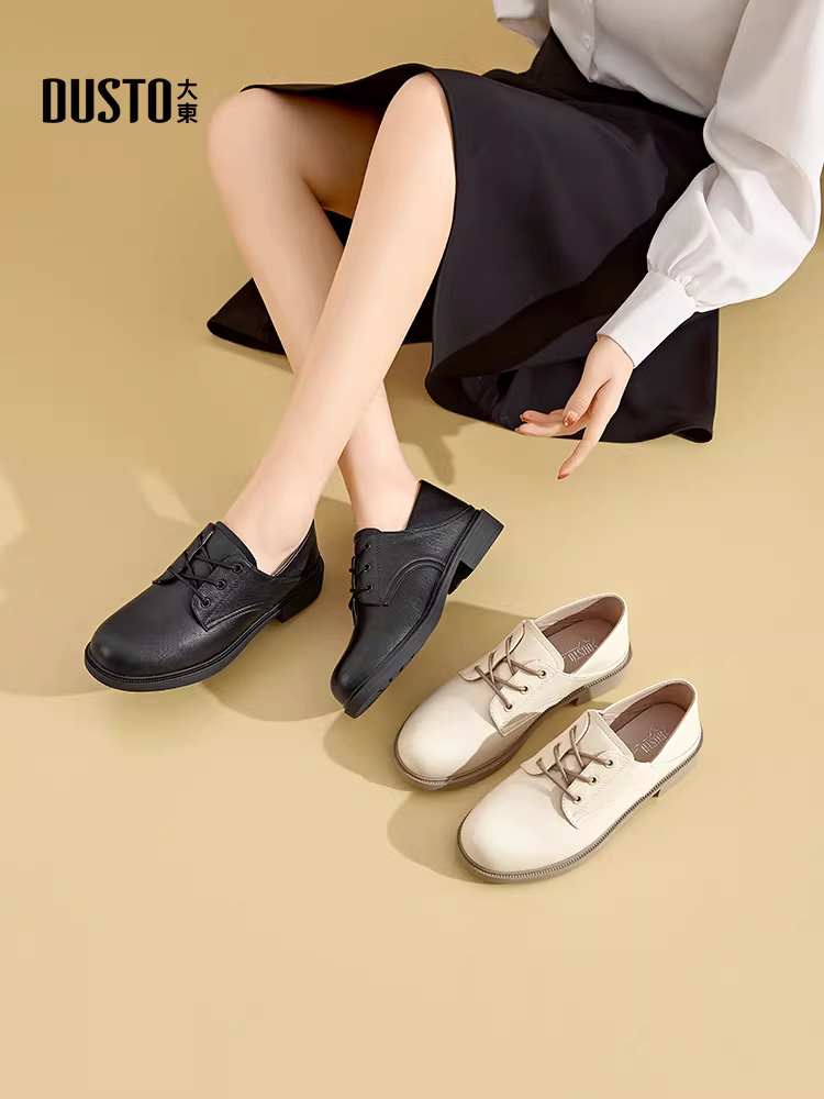 Giày công sở nữ Dadong buộc dây, cổ sâu, kiểu dáng đơn giản, mùa thu đông 2025, chất liệu da nhỏ, màu đen.