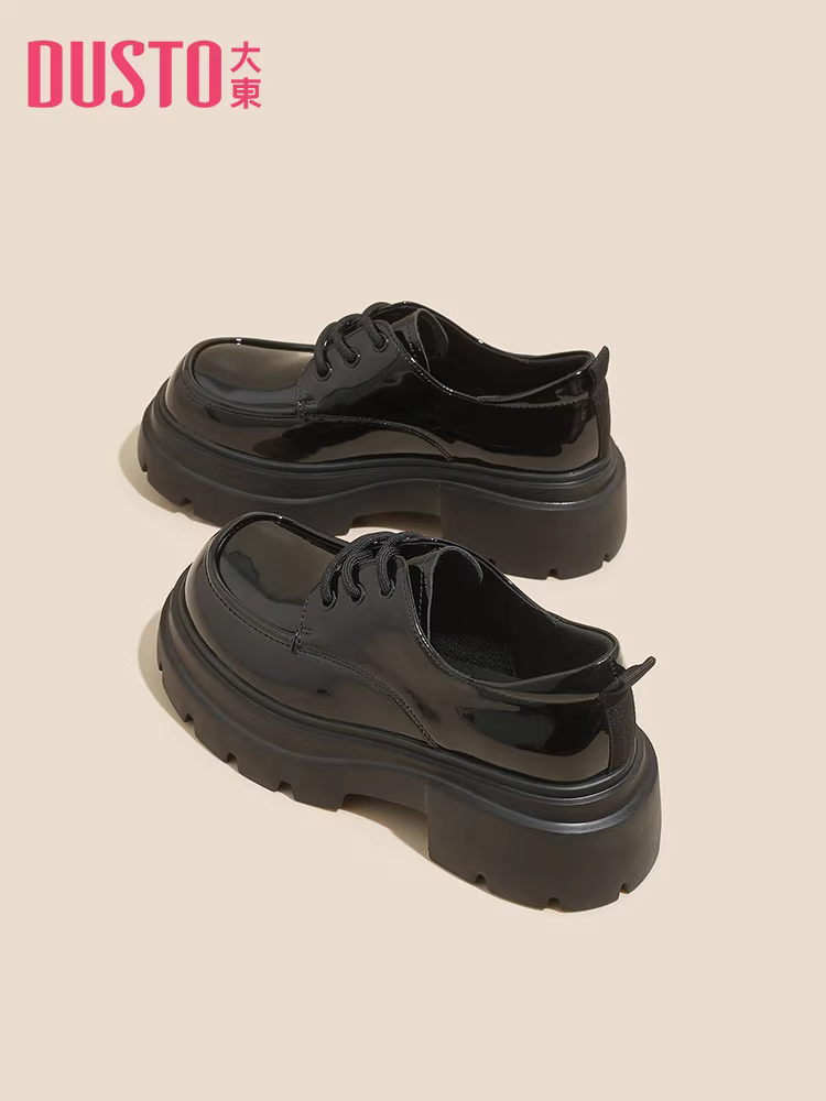 Giày da nữ đa năng Dadong màu đen 2025 mẫu mới thu đông đế dày kiểu platform, giày lười buộc dây kiểu Oxford