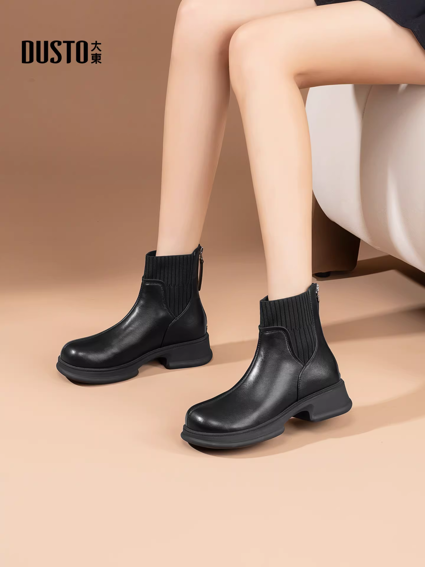 Giày bốt cổ ngắn đế dày Dadong dành cho nữ 2025, kiểu mới mùa đông, màu đen, lót lông cừu, kiểu ôm sát, kiểu Chelsea.