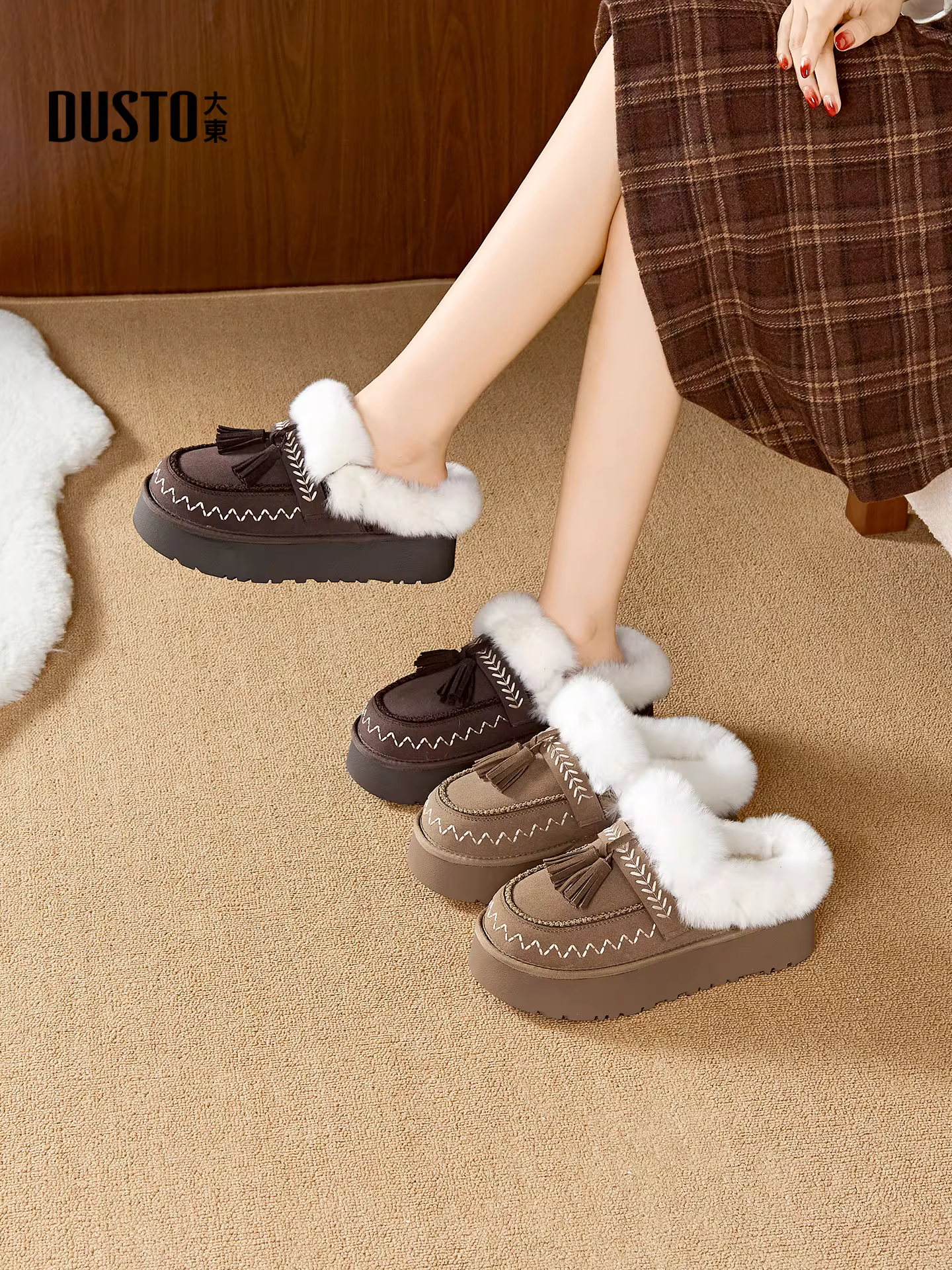 Giày bốt đi tuyết lót lông Dadong dành cho nữ, giày lông dày đế dày mùa đông mới 2025, kiểu nửa dép, giày cotton ấm áp.