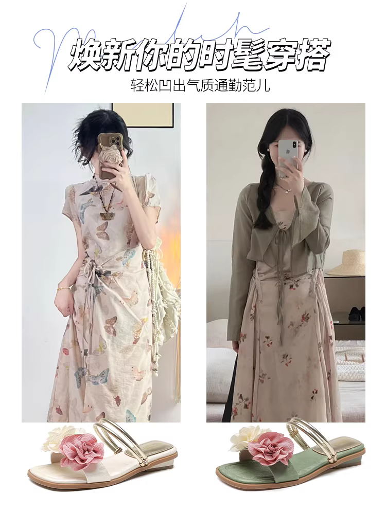 Dép thấp gót Dadong Flower dành cho nữ, đi ngoài trời mùa hè, kiểu tiên nữ mới 2025, phối với chân váy, đeo được hai kiểu, dép xăng đan tuyệt đẹp.