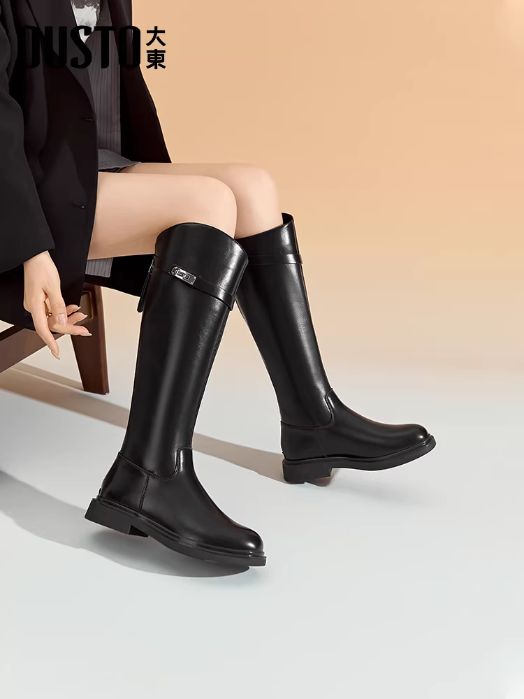 Giày bốt dài màu đen Dadong dành cho nữ, kiểu mới mùa thu đông 2025, bốt cao cổ, bốt ôm dáng, chân dày trông thon gọn hơn, bốt đi xe.