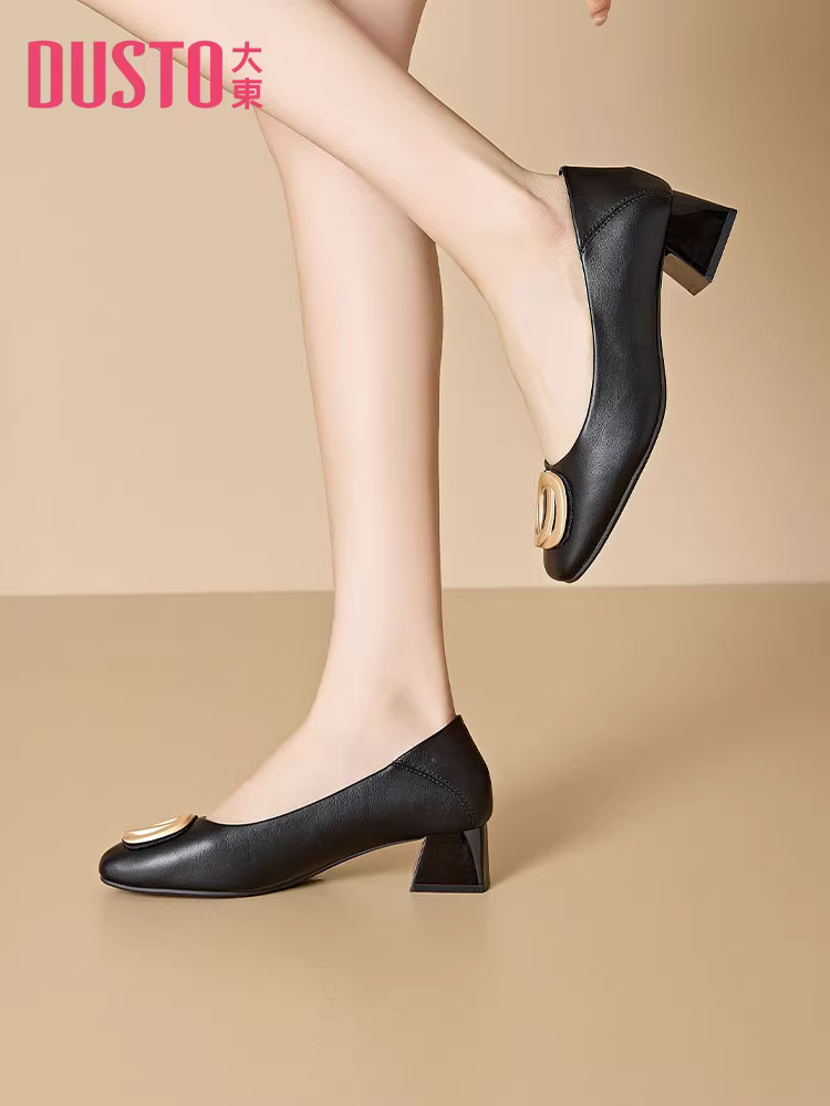 Giày nữ đế thô kiểu Dadong, khóa vuông RV, giày đơn mùa thu mới 2025, miệng nông, gót trung, giày đi làm, giày công sở