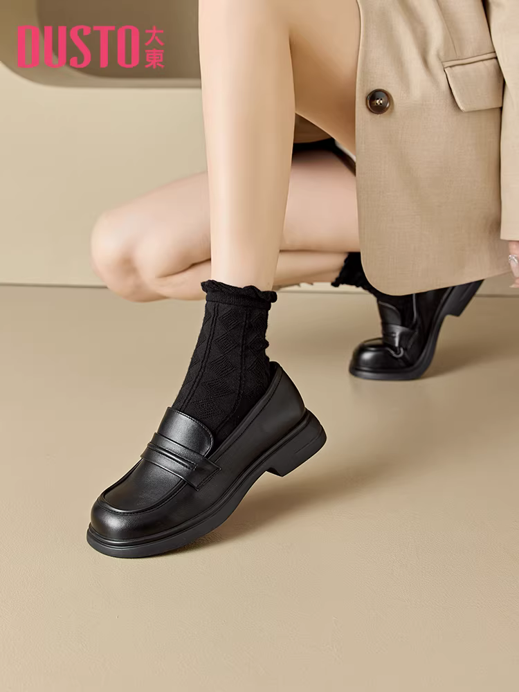 Giày lười kiểu Anh Dadong dành cho nữ, mẫu mới mùa thu 2025, giày da đế dày màu đen, giày lười đa năng đi làm.