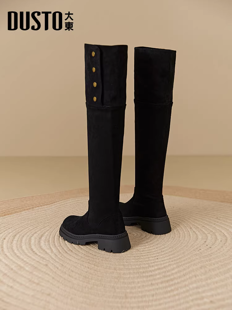 Bốt cao quá gối Dadong dành cho nữ, mẫu mới thu đông 2025, kiểu dáng ôm sát, đế dày, chất liệu da lộn, bốt cao cổ, bốt đi xe.