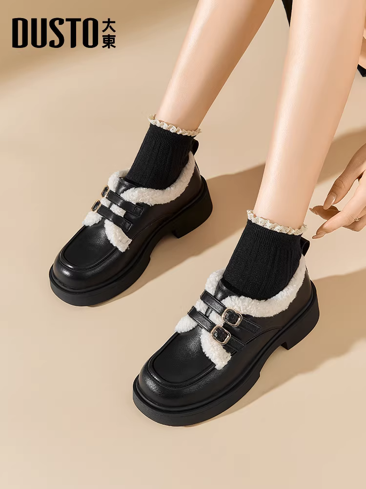 Giày lười nữ lót lông mùa đông 2025, giày lười đế dày mới, giày da nhỏ kiểu Anh.