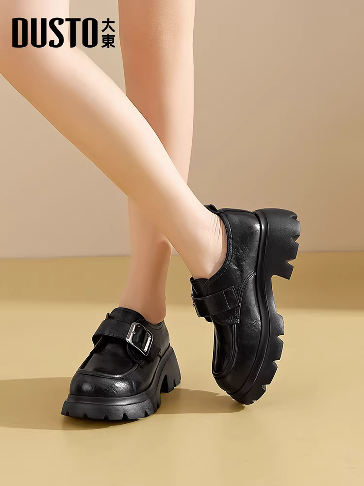 Giày Loafer Nữ Cho Người Nhỏ, Tăng Chiều Cao, Mẫu Mới Thu/Đông 2025, Giày Đế Dày Màu Đen Phong Cách Anh Quốc Bằng Da