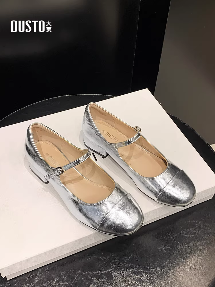 Giày Mary Jane bạc Dadong dành cho nữ 2025, kiểu mới mùa thu, gót trung bình, gót thô, quai đơn, giày nữ miệng nông, kiểu bệt