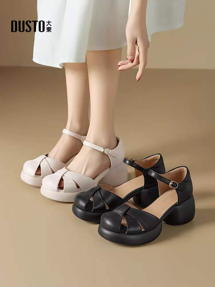 Dép nữ đế dày, mũi kín, kiểu mới hè 2025, giày lồng heo, phối chân váy đa năng, dép La Mã nữ.