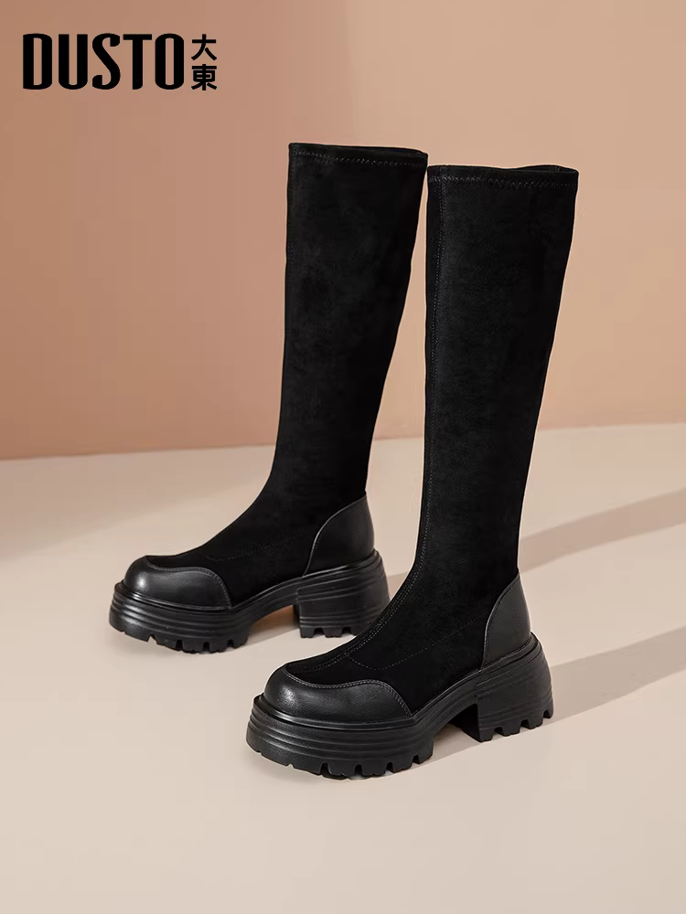 Giày bốt dài nữ 2025 giày bốt mùa thu đông mới giày bốt thon gọn co giãn giày bốt da lộn dài đế dày giày cao cổ đi xe