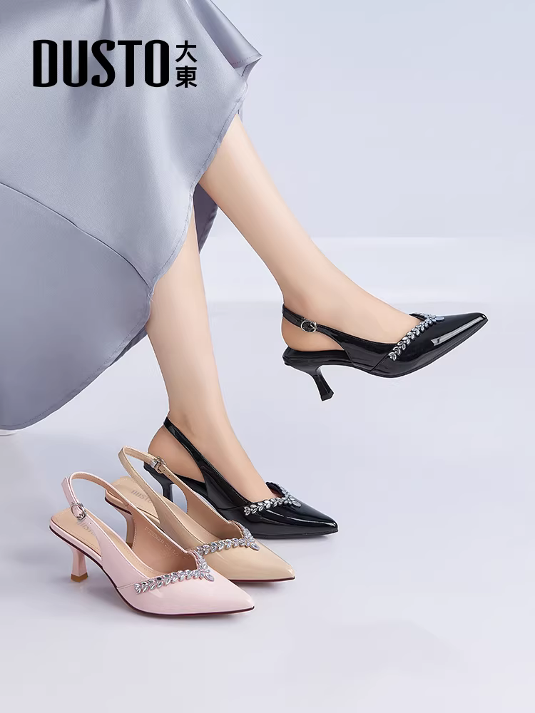 Giày cao gót đính đá mũi nhọn Dadong dành cho nữ, dép sandal hở lưng kiểu Pháp mùa hè mới 2025, sandal cao gót.