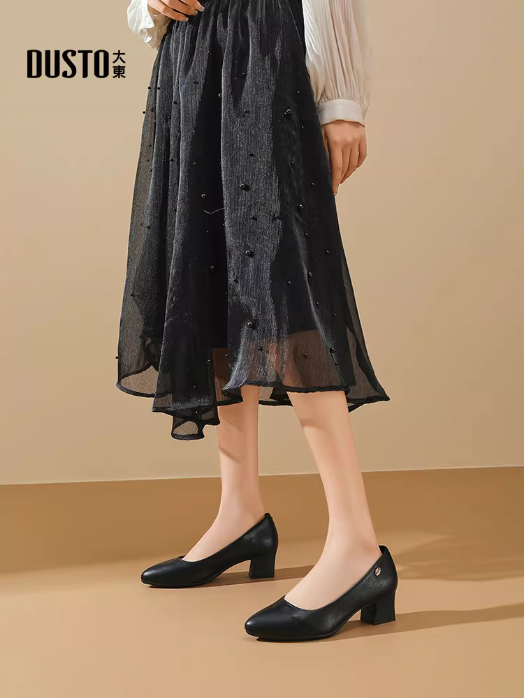 Giày cao gót đế thô Dadong màu đen dành cho nữ, kiểu dáng thu mới 2025, thoải mái, thích hợp đi làm và đi làm hàng ngày