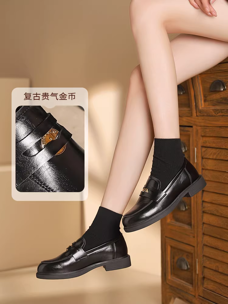 Giày da nữ Dadong Brown phong cách retro Anh quốc 2025, kiểu dáng mới thu/đông, giày bệt họa tiết hoa trà