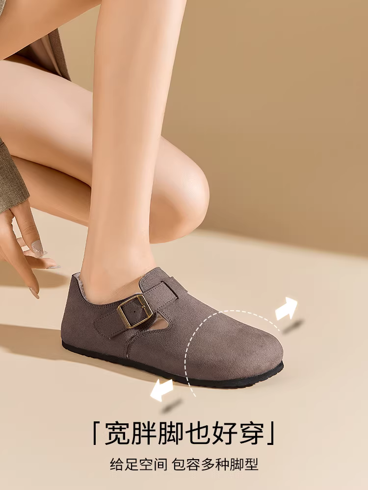Giày Birkenstock lót lông Dadong dành cho nữ, mẫu mới thu đông 2025, giày Birkenstock đế bằng kiểu lười dành cho nữ, giày lông mềm.