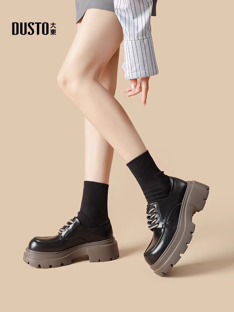 Giày lười nữ đế dày mùa thu đông 2025 kiểu mới gót dày mũi rộng thoải mái da mềm tăng chiều cao phong cách Anh giày da nhỏ nhắn