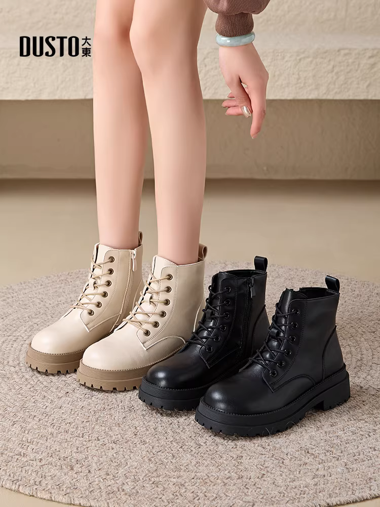 Giày bốt Martin phong cách Anh Quốc Dadong dành cho nữ 2025, mẫu mới thu đông, lót lông cừu, giày bốt nữ màu đen, đế dày, buộc dây, kiểu ngắn