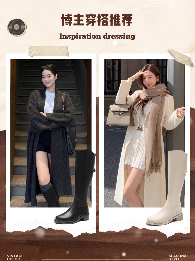 Giày bốt dài màu đen Dadong dành cho nữ 2025, mẫu mới thu đông, lót lông cừu, kiểu dáng ôm sát, cổ cao, kiểu dáng đi xe, bốt dài