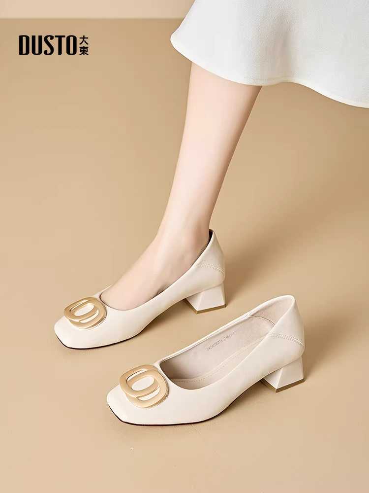 Giày bệt màu be Dadong dành cho nữ, mẫu mới thu 2025, gót dày, mũi vuông, gót cao trung bình, giày cao gót, giày đi làm, giày nữ đế mềm, kiểu lười