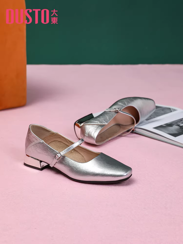 Giày nữ Dadong Silver kiểu đơn giản, mẫu mới Thu 2025, giày nữ đế thấp, gót thô, kiểu Mary Jane Pháp, giày da nhỏ cổ điển