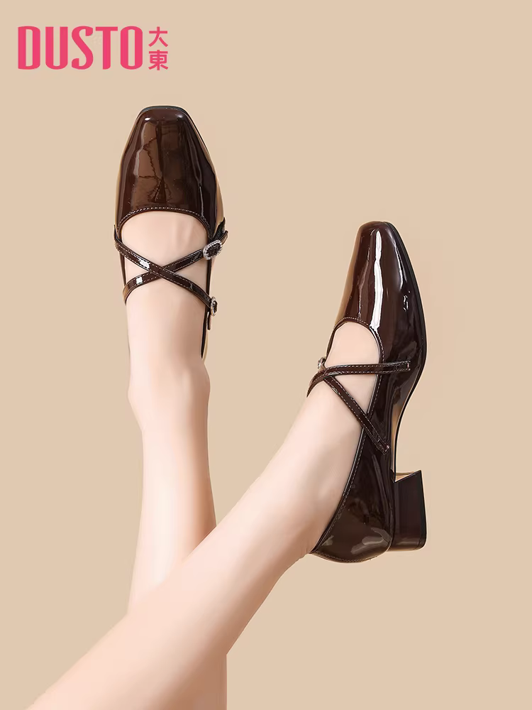 Giày Mary Jane kiểu Pháp sang trọng của Dadong dành cho nữ, mẫu mới thu 2025, gót thấp, mũi vuông, giày đơn giản màu đen, chất liệu da.