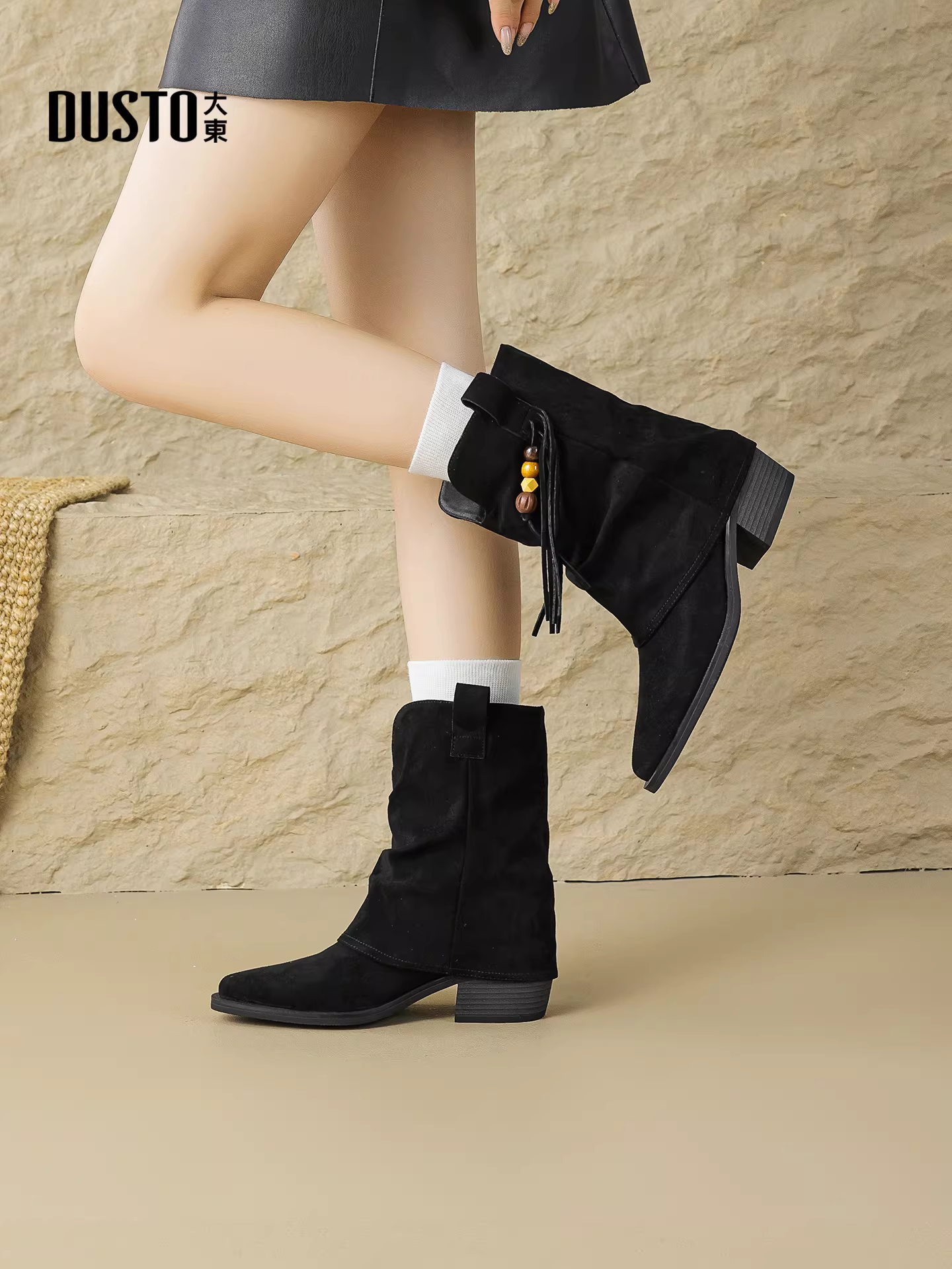 Giày bốt cổ ngắn đế thô mũi nhọn Dadong dành cho nữ, mẫu mới thu đông 2025, màu nâu Melard, kiểu dáng lười, kiểu Chelsea.