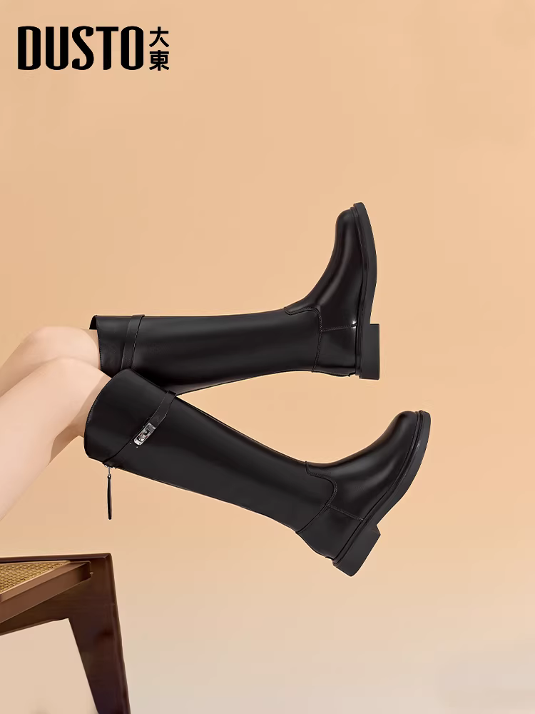 Giày bốt dài màu đen Dadong dành cho nữ, kiểu mới mùa thu đông 2025, bốt cao cổ, bốt ôm dáng, chân dày trông thon gọn hơn, bốt đi xe.