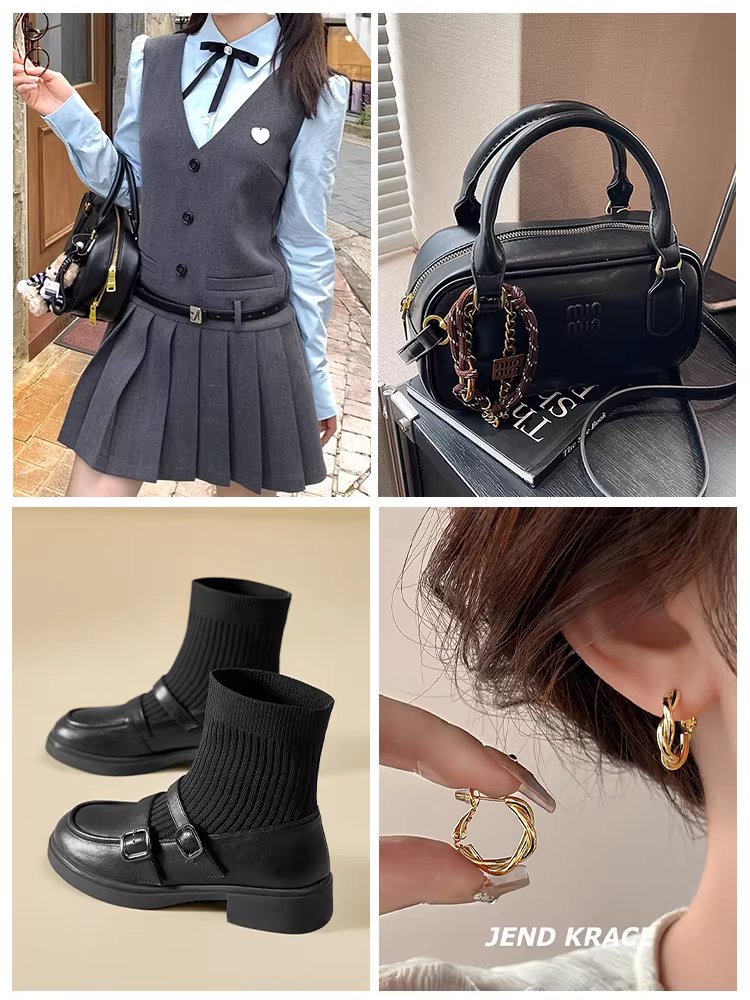 Giày bốt cổ ngắn Dadong Loafer dành cho nữ 2025 kiểu Anh mới, đế dày, giày mùa thu đông, kiểu ôm sát, chất liệu thun