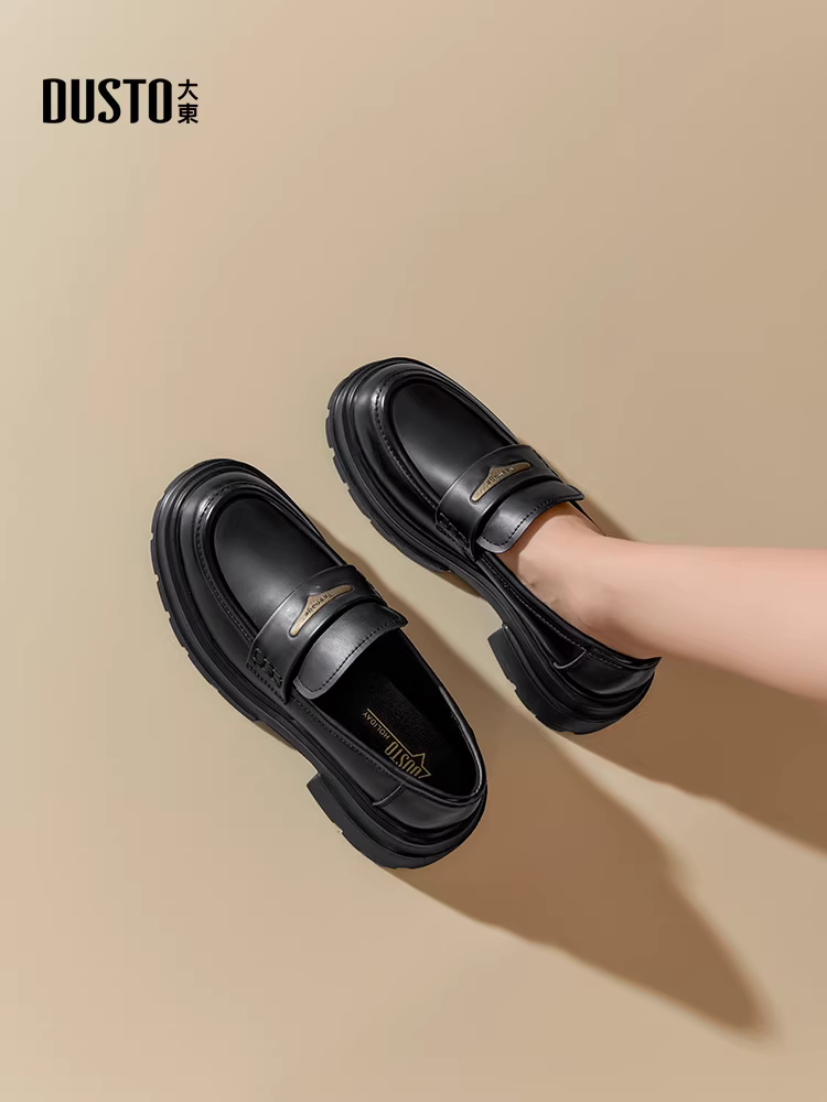 Giày lười đế dày Dadong dành cho nữ 2025, giày nữ thu đông mới, phong cách Anh, đa năng, giày da đen, giày bệt đi làm
