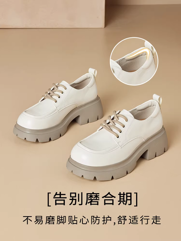 Giày da nữ mũi tròn buộc dây kiểu Anh mùa thu đông 2025, kiểu dáng sâu, đế dày, màu đen